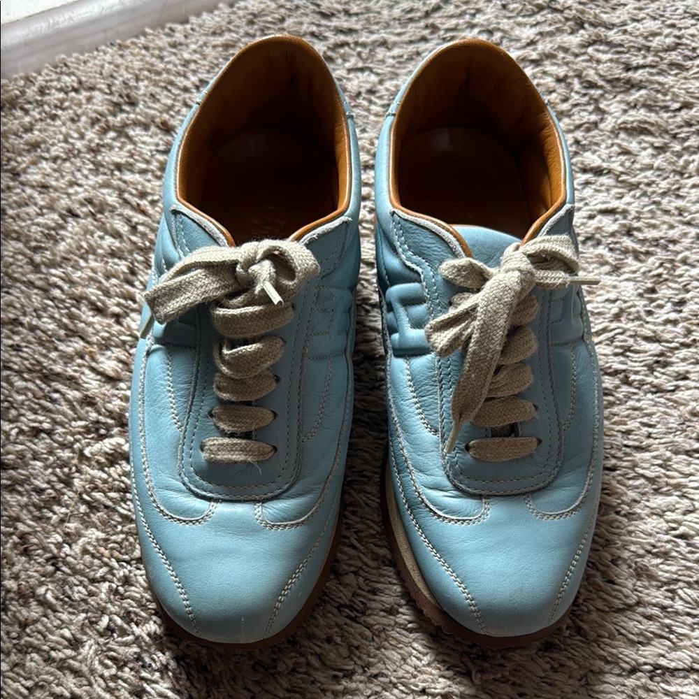 Hermes Light Blue Leather Sneakers with Beige Laces 35.5- 5.5